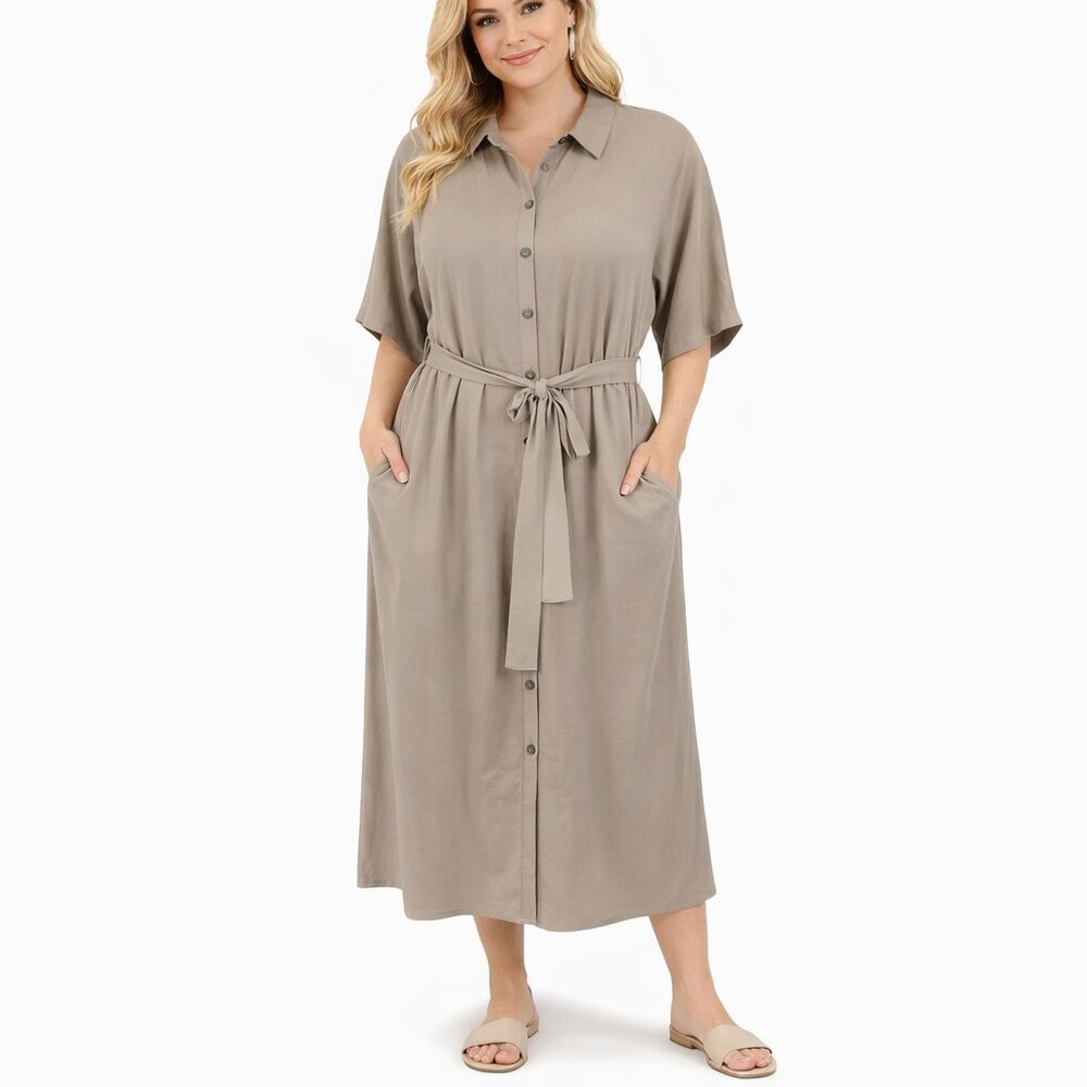 Zara Midi Dress Small Button Front Beige Short Dolman Sleeve Belted‎ Shirt